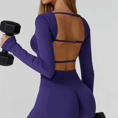 Women's Yoga Top Seamless Long Sleeved Sports Wear Workout Tops T-shirt Fitness Running Hollow out Backless Gym Woman SportShirt