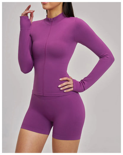 Women Zipper Yoga Long Sleeve Seamless Crop Tops Female Gym Jacket Yoga T-shirts Solid Sports Top Running Workout Athletic Wear