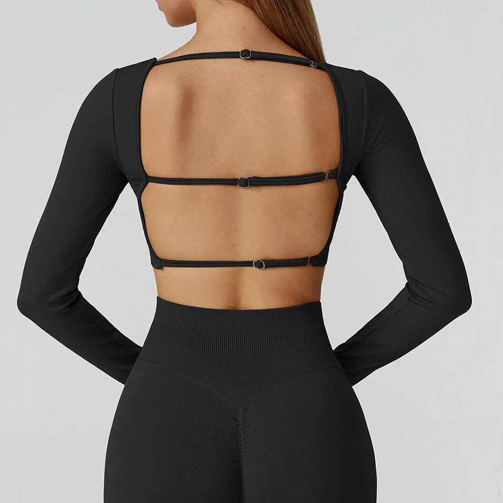 Women's Yoga Top Seamless Long Sleeved Sports Wear Workout Tops T-shirt Fitness Running Hollow out Backless Gym Woman SportShirt