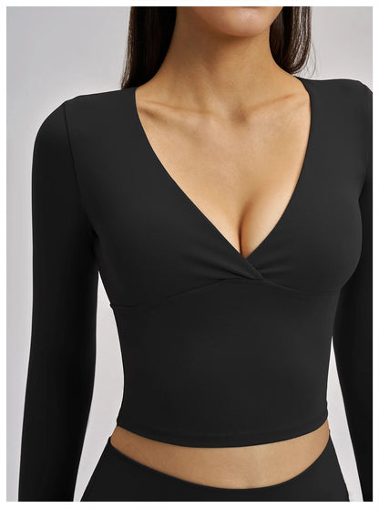 Women's Yoga T-Shirt Deep V Long Sleeve Sports Tops Gym Workout Shirts Breathable Fitness Yoga Top Female Running Push Up Shirts