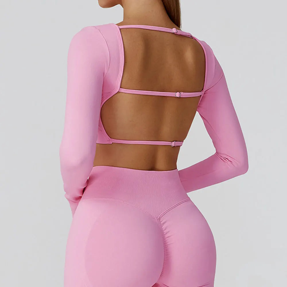 Women's Yoga Top Seamless Long Sleeved Sports Wear Workout Tops T-shirt Fitness Running Hollow out Backless Gym Woman SportShirt