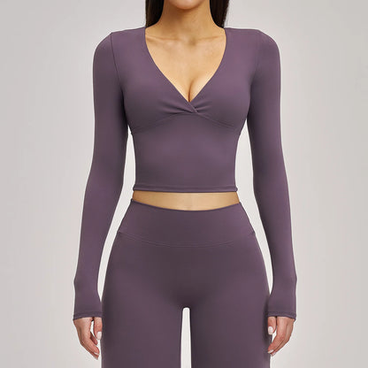 Women's Yoga T-Shirt Deep V Long Sleeve Sports Tops Gym Workout Shirts Breathable Fitness Yoga Top Female Running Push Up Shirts