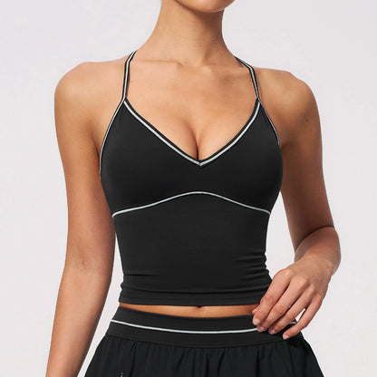 Women Halter Yoga Vest Removable Pad V Neck Sports Bra Slim Fit Quick Dry Workout Sports Tank Top Fitness Running Sleeveless Top