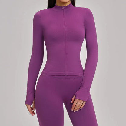 Women Zipper Yoga Long Sleeve Seamless Crop Tops Female Gym Jacket Yoga T-shirts Solid Sports Top Running Workout Athletic Wear