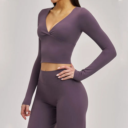 Women's Yoga T-Shirt Deep V Long Sleeve Sports Tops Gym Workout Shirts Breathable Fitness Yoga Top Female Running Push Up Shirts