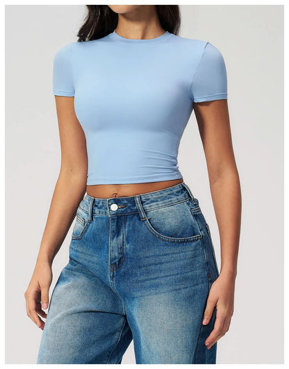 Summer Gym Crop Tops Women Yoga T-shirts Fitness Short Sleeved Workout Shirts Gym Sports Shirts Female Running Active Yoga Wea
