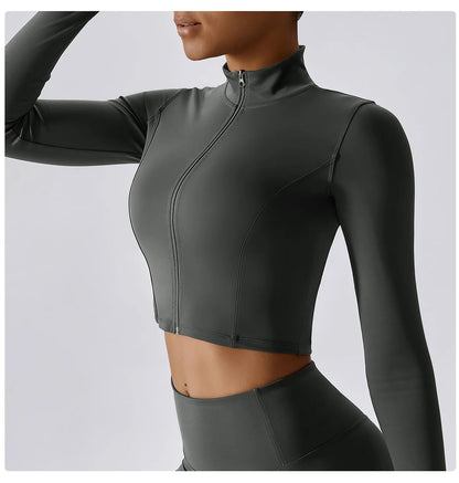 Zipper Cardigan Stand Up Collar Jacket Outdoor Sports Long Sleeved Women Slim Yoga Clothes Quick Dry Running Fitness Jacket Top