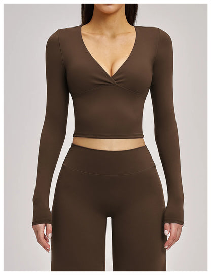 Women's Yoga T-Shirt Deep V Long Sleeve Sports Tops Gym Workout Shirts Breathable Fitness Yoga Top Female Running Push Up Shirts