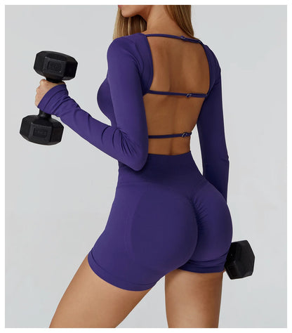 Women's Yoga Top Seamless Long Sleeved Sports Wear Workout Tops T-shirt Fitness Running Hollow out Backless Gym Woman SportShirt