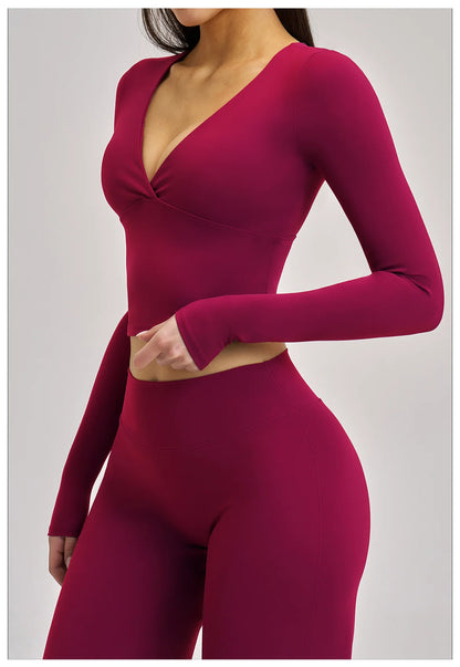 Women's Yoga T-Shirt Deep V Long Sleeve Sports Tops Gym Workout Shirts Breathable Fitness Yoga Top Female Running Push Up Shirts