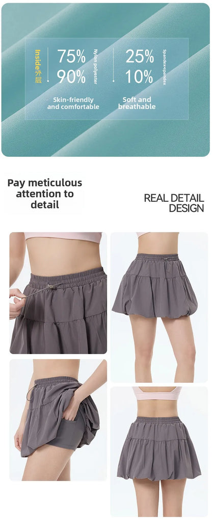 Women Yoga Puff Skirt Women Tennis Pleated Skirt with Inner Lining High Waist Double Layer Design Sport Sexy Fitness Yoga Shorts