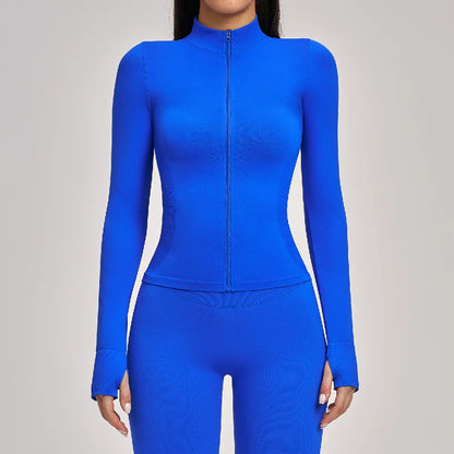 Women Zipper Yoga Long Sleeve Seamless Crop Tops Female Gym Jacket Yoga T-shirts Solid Sports Top Running Workout Athletic Wear