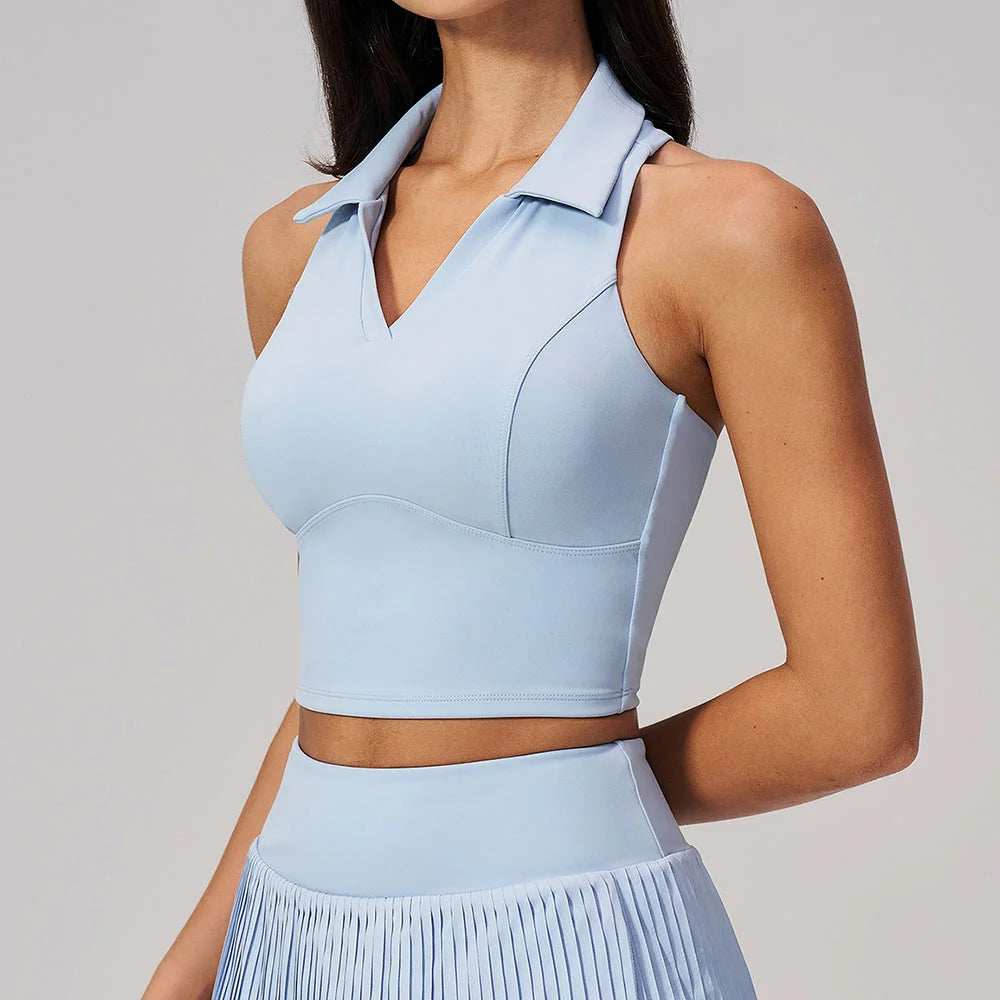 Summer Yoga Vest Women's V Neck POLO Shirts Push Up Tight Crop Top Quick Dry Running Sports Vest Female Gym Workout Tennis Tops