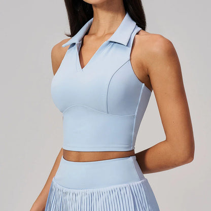 Summer Yoga Vest Women's V Neck POLO Shirts Push Up Tight Crop Top Quick Dry Running Sports Vest Female Gym Workout Tennis Tops