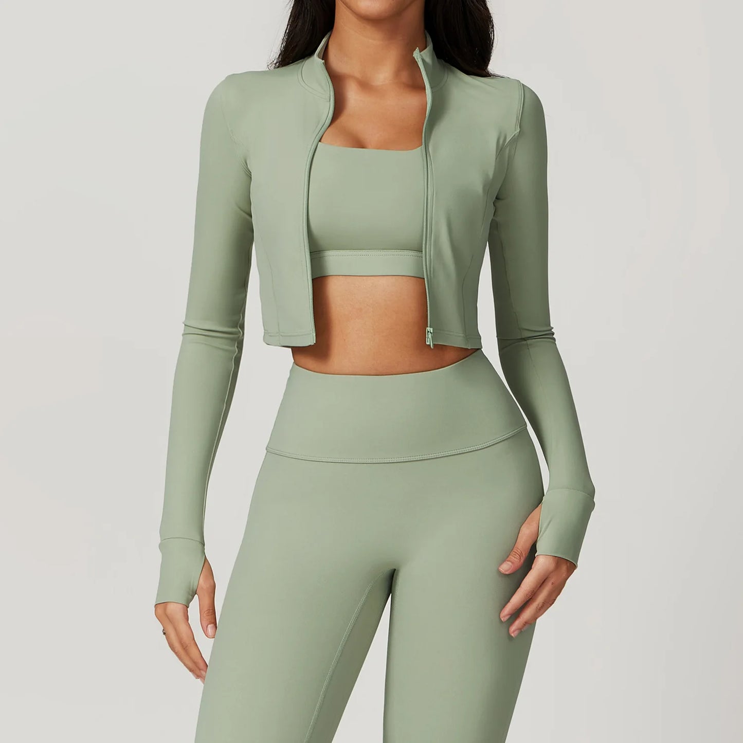Zipper Cardigan Stand Up Collar Jacket Outdoor Sports Long Sleeved Women Slim Yoga Clothes Quick Dry Running Fitness Jacket Top