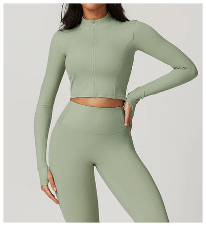 Zipper Cardigan Stand Up Collar Jacket Outdoor Sports Long Sleeved Women Slim Yoga Clothes Quick Dry Running Fitness Jacket Top