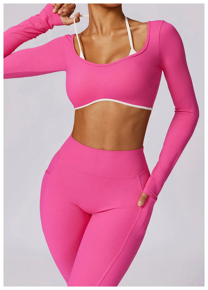 Women's Solid Sport Shirts High Elastic Gym Yoga Top Breathable Long Sleeve Yoga Top Slim Fitness Sports Dry Sportswear Yoga Top