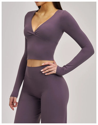 Women's Yoga T-Shirt Deep V Long Sleeve Sports Tops Gym Workout Shirts Breathable Fitness Yoga Top Female Running Push Up Shirts
