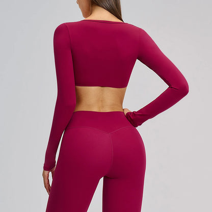 Women's Crop Tops Yoga T-shirts Solid Sports Top Long Sleeve Quick Dry Fitness Gym Sport Wear Running Shirts Sexy Exposed Navel
