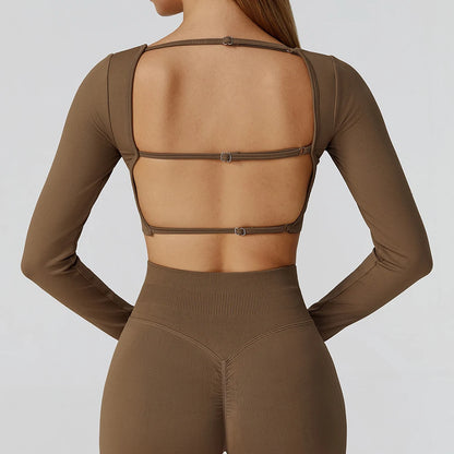 Women's Yoga Top Seamless Long Sleeved Sports Wear Workout Tops T-shirt Fitness Running Hollow out Backless Gym Woman SportShirt